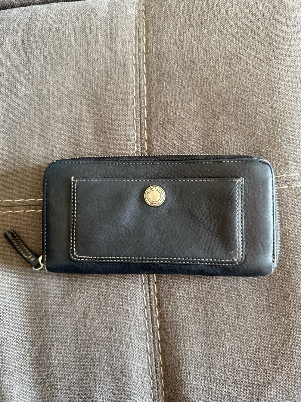 Coach Black Leather Zip Wallet with Front Pocket and Accent Stitching
